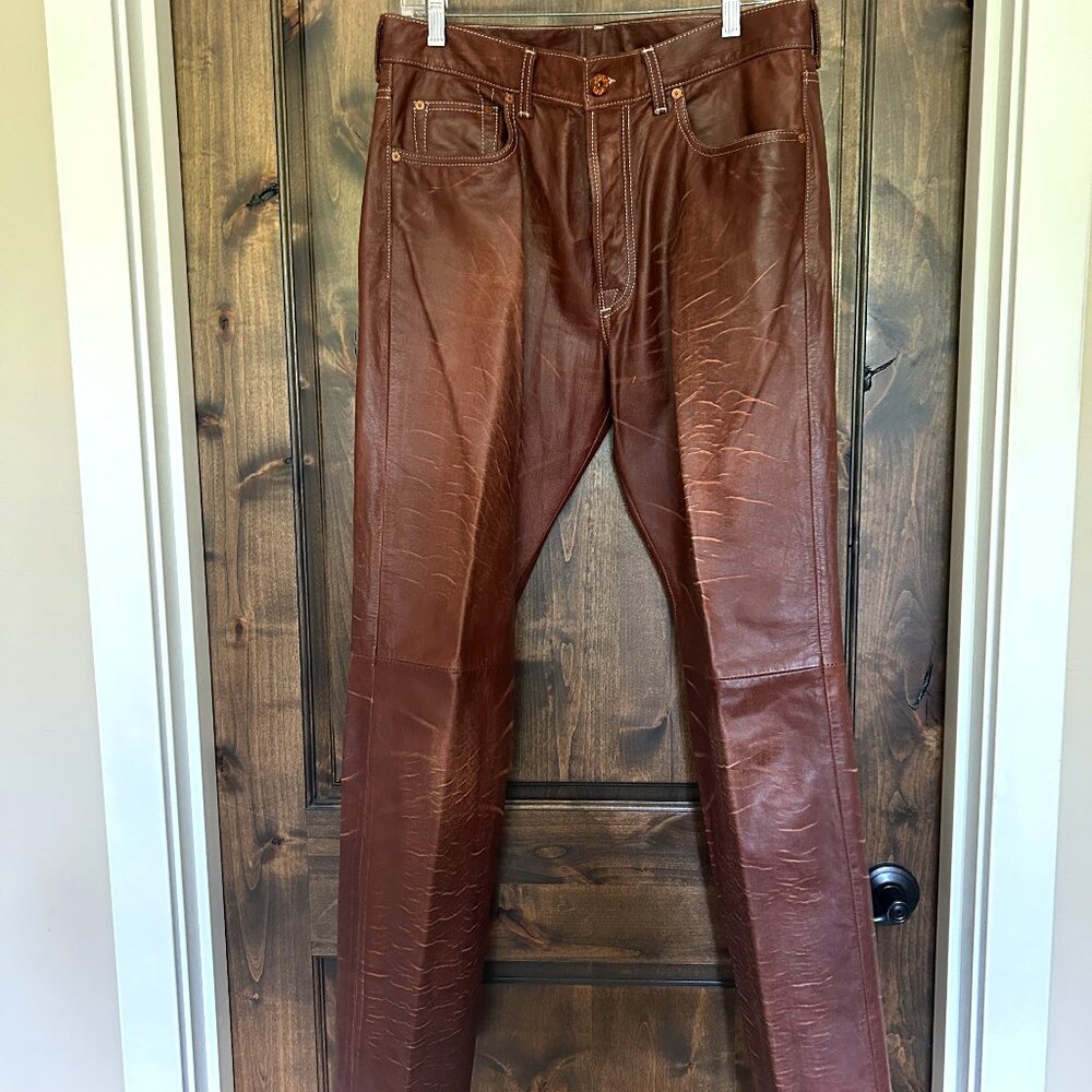 Men's Vintage Leather Pants Made In Italy Distressed Brown Saddle Leather 34x34